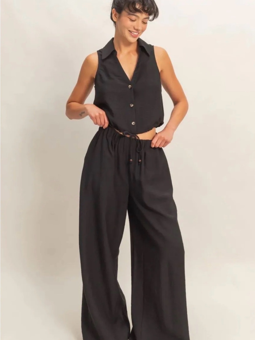 Button Front Top & Elastic Drawstring Wideleg Pant NWOT